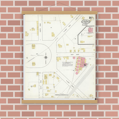 Old map wall art mockup — magnetic wood frame on brick wall — Sanborn Fire Insurance Map from Cuyahoga Falls, Summit County, Ohio (1916), Sheet #0016