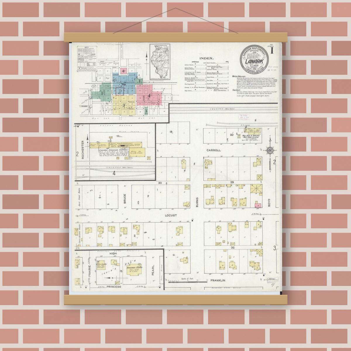 Old map wall art mockup — magnetic wood frame on brick wall — Sanborn Fire Insurance Map from Lanark, Carroll County, Illinois (1912), Sheet #0001