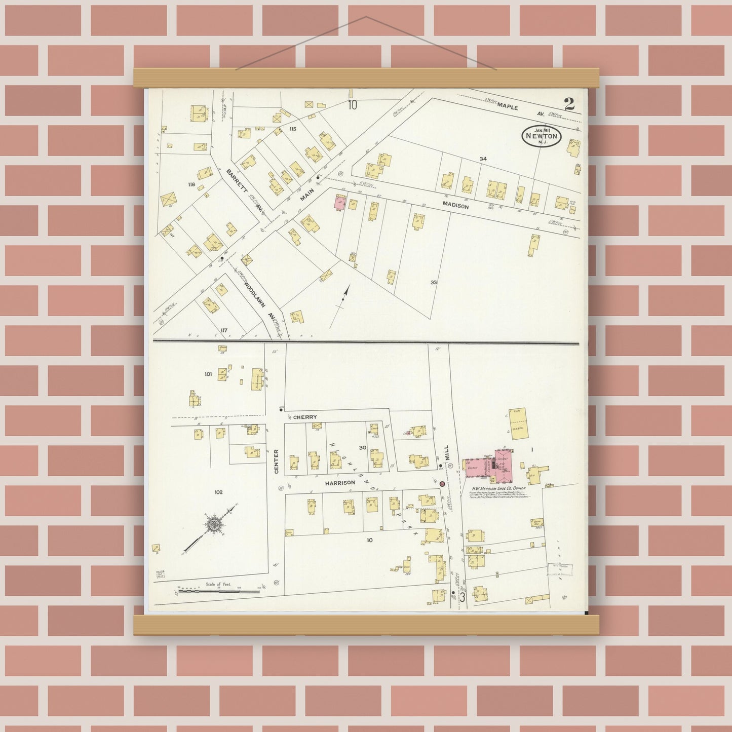 Old map wall art mockup — magnetic wood frame on brick wall — Sanborn Fire Insurance Map from Newton, Sussex County, New Jersey (1911), Sheet #0002