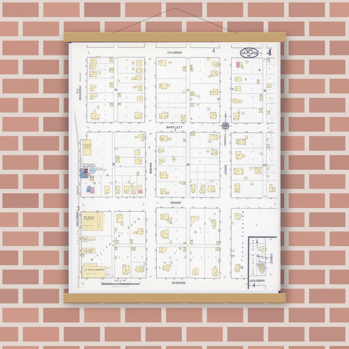 Old map wall art mockup — magnetic wood frame on brick wall — Sanborn Fire Insurance Map from La Plata, Macon County, Missouri (1916), Sheet #0004