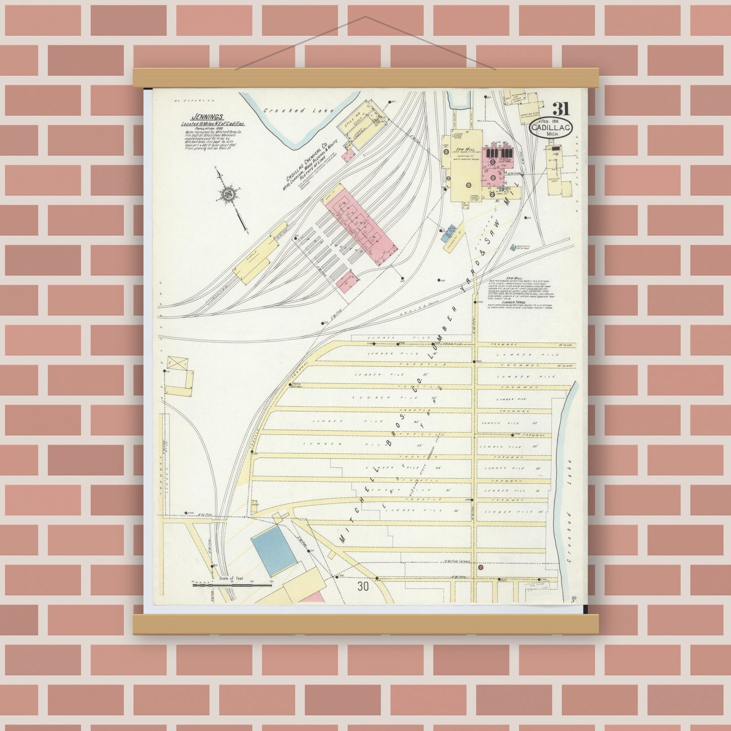 Old map wall art mockup — magnetic wood frame on brick wall — Sanborn Fire Insurance Map from Cadillac, Wexford County, Michigan (1914), Sheet #0031
