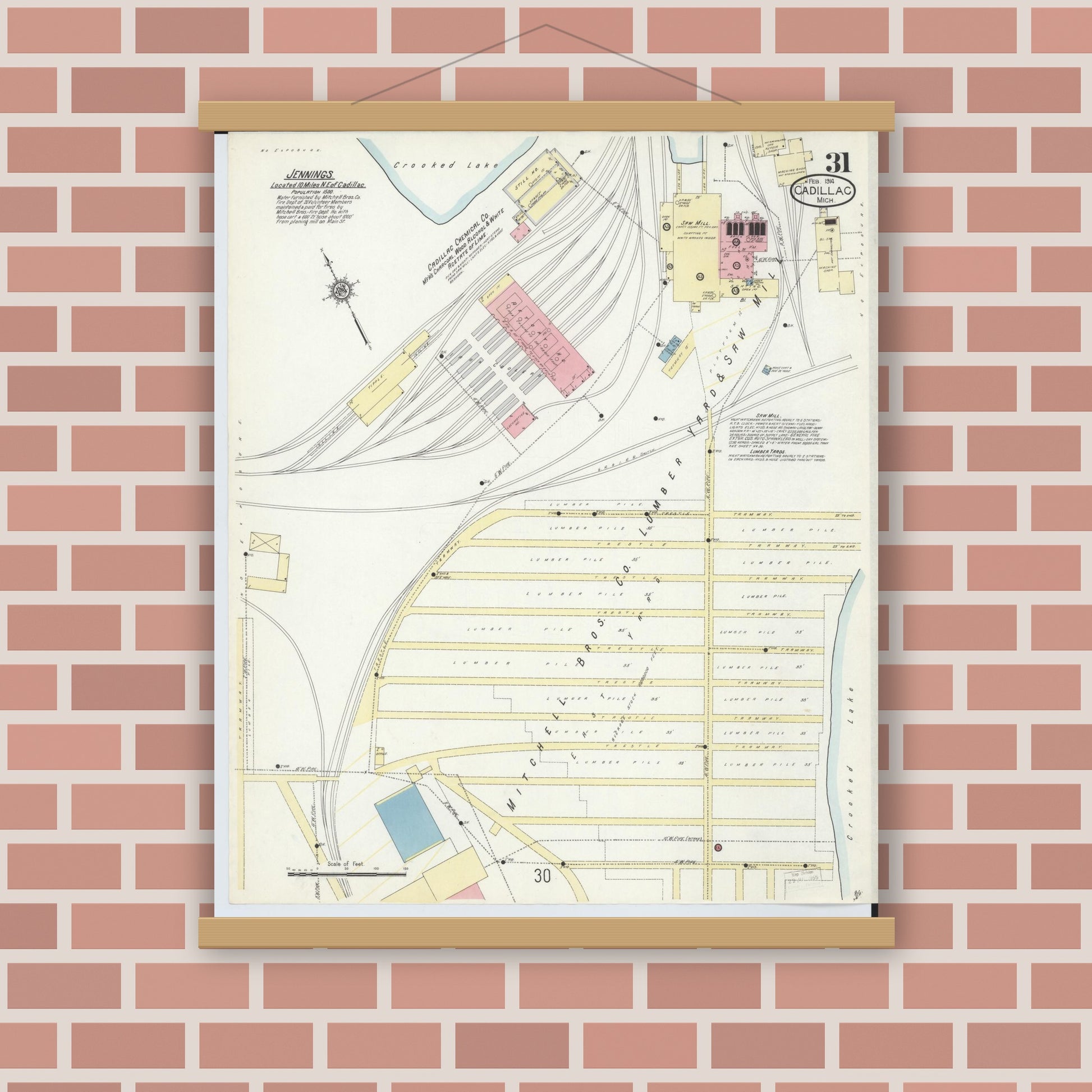 Old map wall art mockup — magnetic wood frame on brick wall — Sanborn Fire Insurance Map from Cadillac, Wexford County, Michigan (1914), Sheet #0031