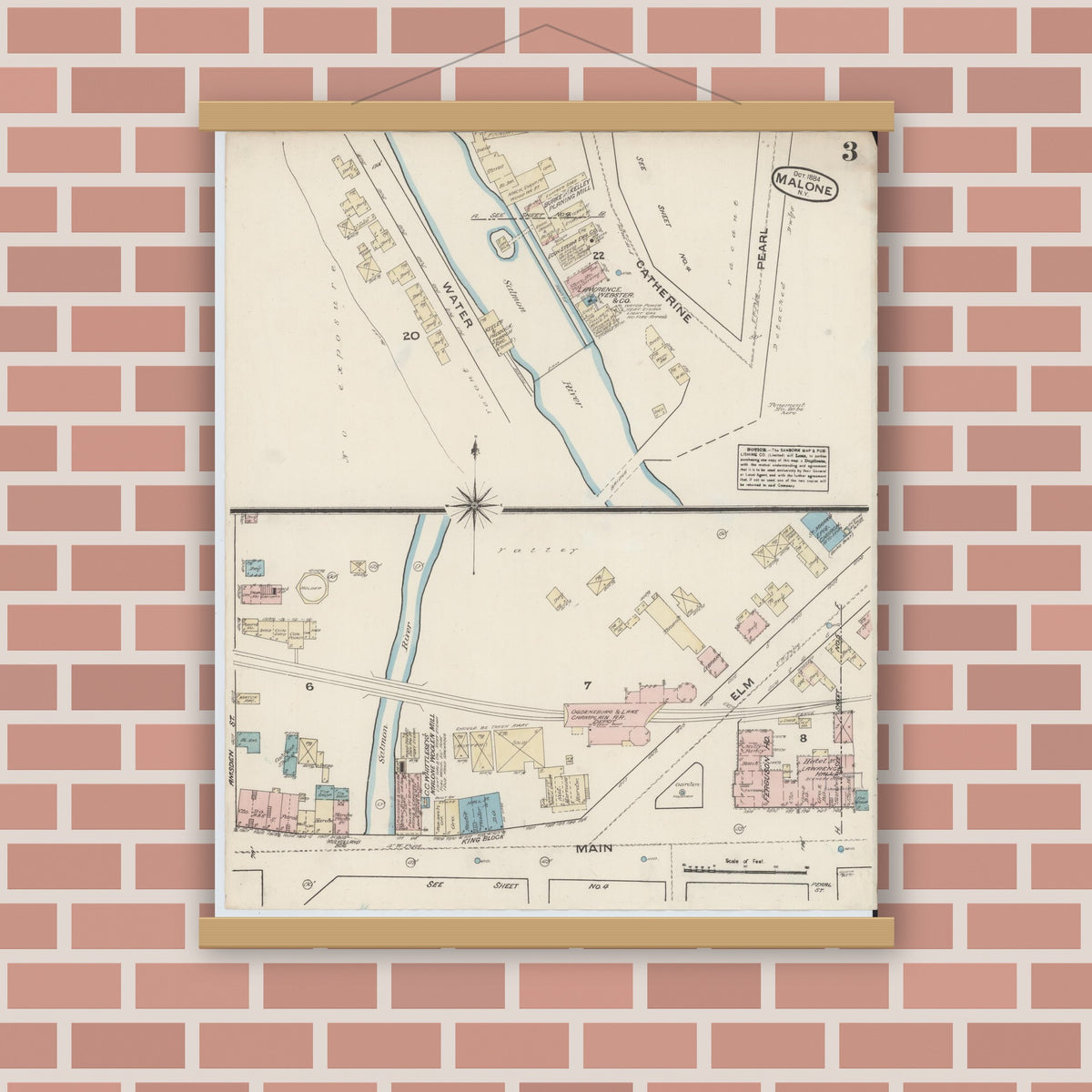 Old map wall art mockup — magnetic wood frame on brick wall — Sanborn Fire Insurance Map from Malone, Franklin County, New York (1884), Sheet #0003