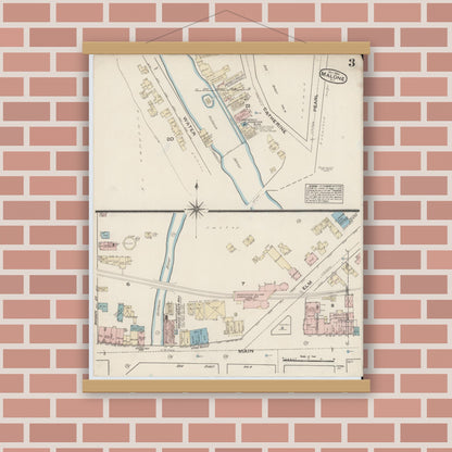 Old map wall art mockup — magnetic wood frame on brick wall — Sanborn Fire Insurance Map from Malone, Franklin County, New York (1884), Sheet #0003