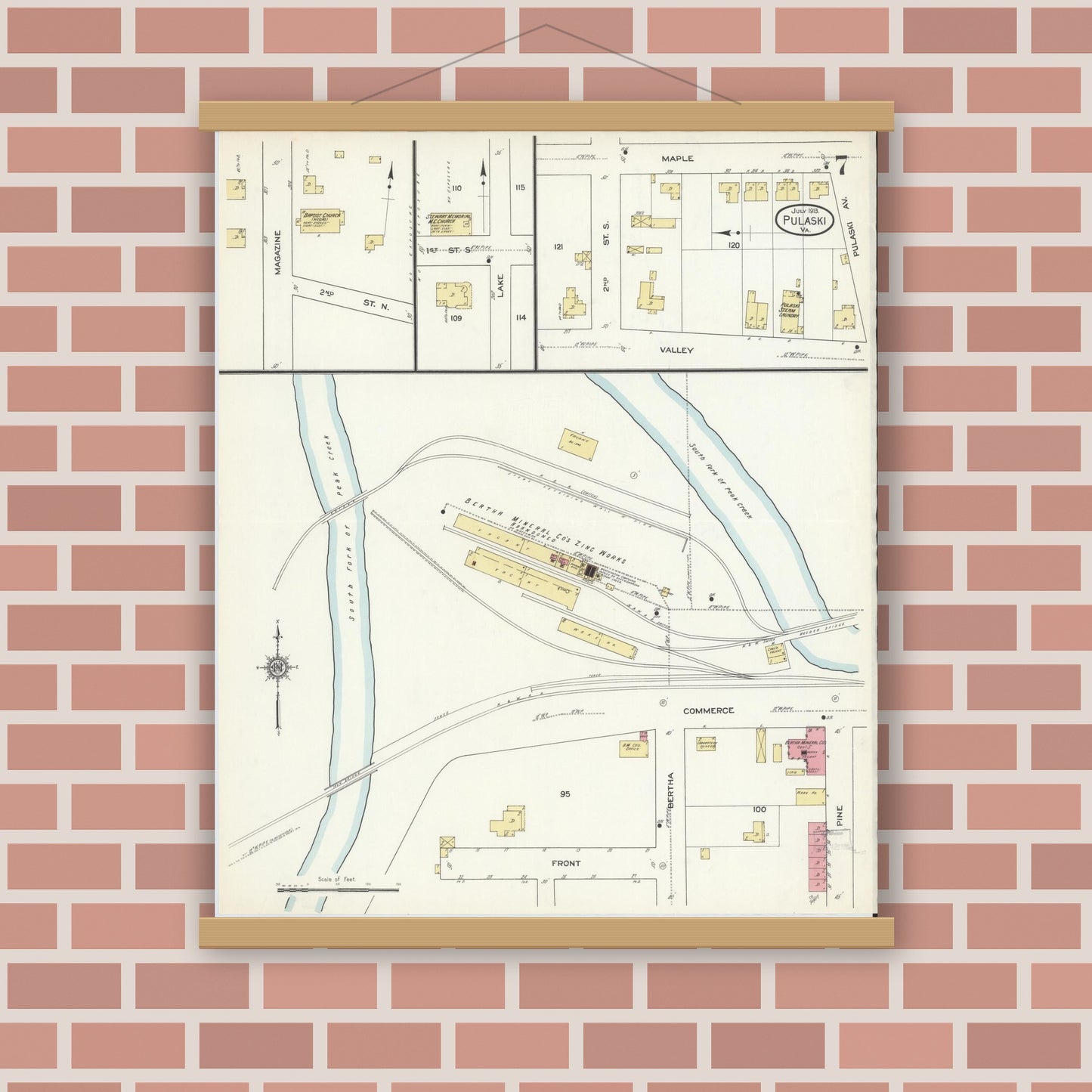 Old map wall art mockup — magnetic wood frame on brick wall — Sanborn Fire Insurance Map from Pulaski, Pulaski County, Virginia (1913), Sheet #0007