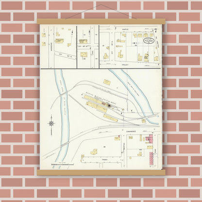 Old map wall art mockup — magnetic wood frame on brick wall — Sanborn Fire Insurance Map from Pulaski, Pulaski County, Virginia (1913), Sheet #0007