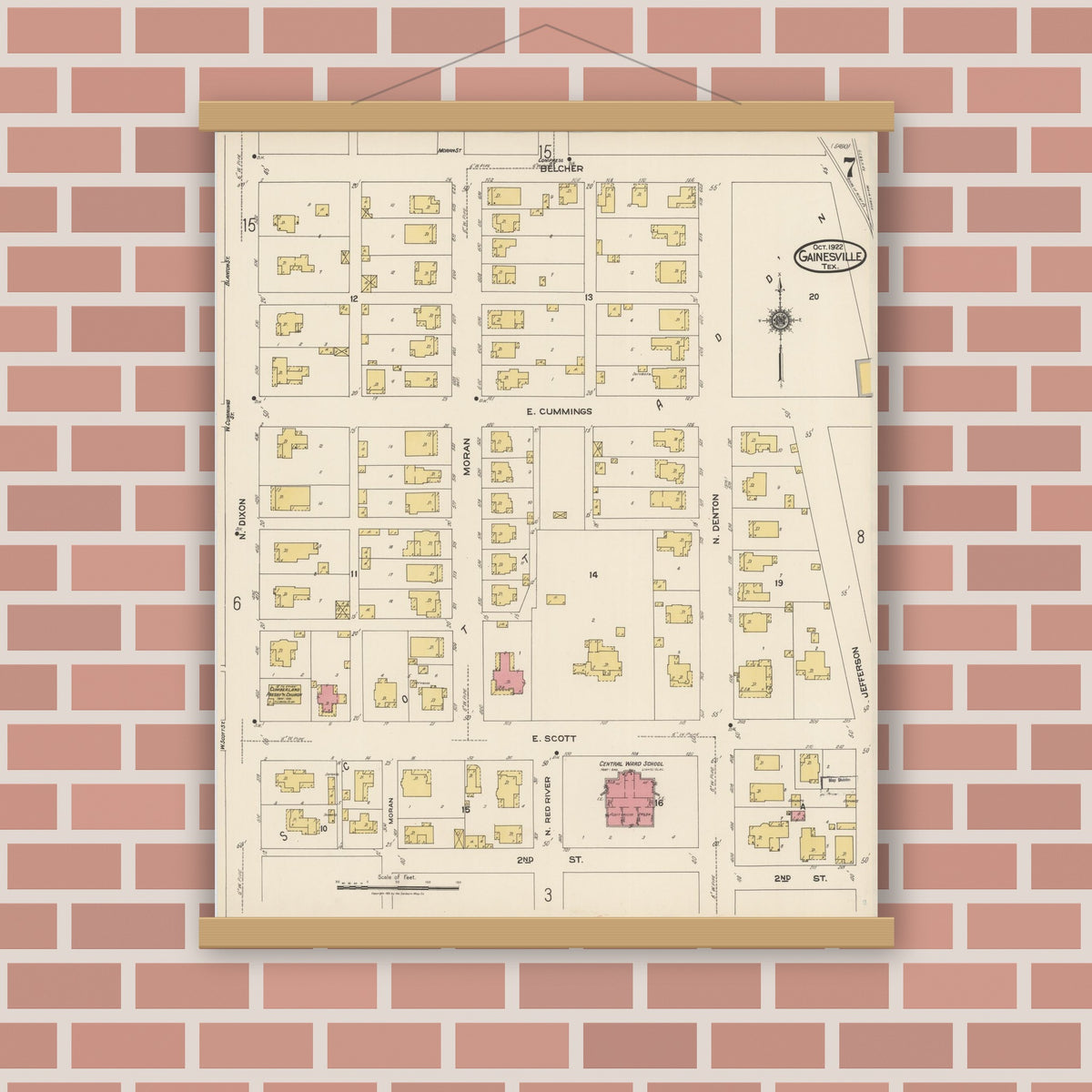 Old map wall art mockup — magnetic wood frame on brick wall — Sanborn Fire Insurance Map from Gainesville, Cooke County, Texas (1922), Sheet #0007