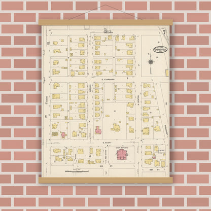 Old map wall art mockup — magnetic wood frame on brick wall — Sanborn Fire Insurance Map from Gainesville, Cooke County, Texas (1922), Sheet #0007