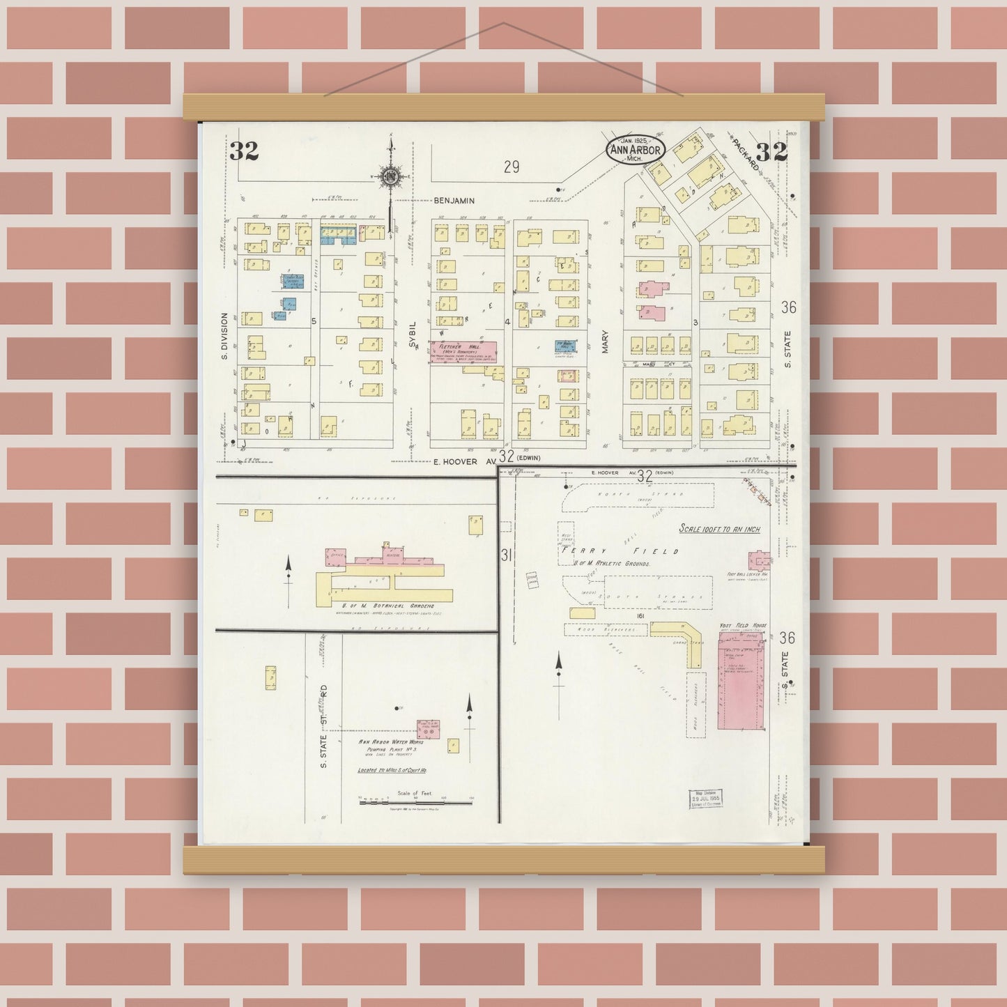 Old map wall art mockup — magnetic wood frame on brick wall — Sanborn Fire Insurance Map from Ann Arbor, Washtenaw County, Michigan (1925), Sheet #0032