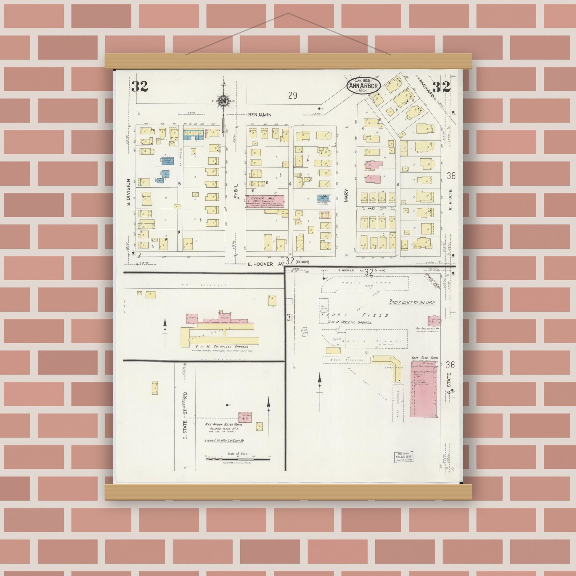 Old map wall art mockup — magnetic wood frame on brick wall — Sanborn Fire Insurance Map from Ann Arbor, Washtenaw County, Michigan (1925), Sheet #0032