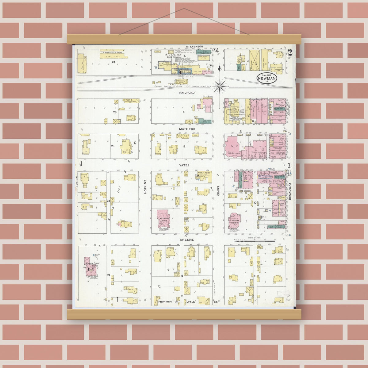 Old map wall art mockup — magnetic wood frame on brick wall — Sanborn Fire Insurance Map from Newman, Douglas County, Illinois (1909), Sheet #0002