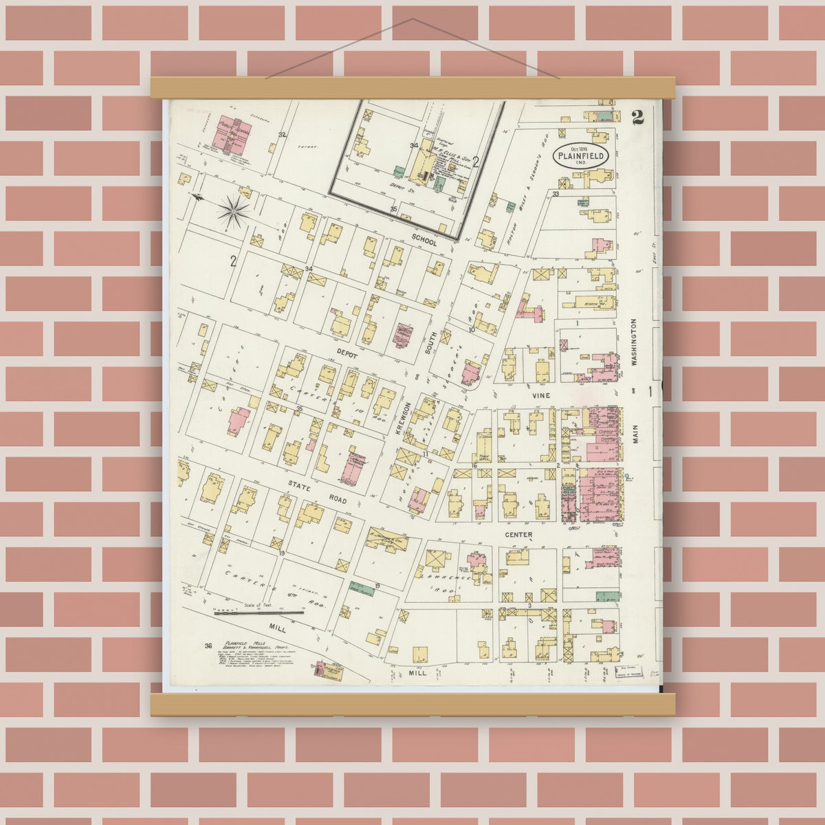 Old map wall art mockup — magnetic wood frame on brick wall — Sanborn Fire Insurance Map from Plainfield, Hendricks County, Indiana (1898), Sheet #0002