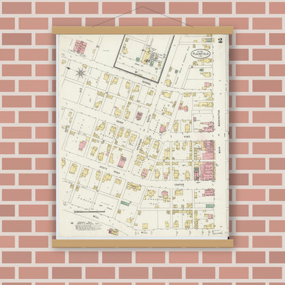 Old map wall art mockup — magnetic wood frame on brick wall — Sanborn Fire Insurance Map from Plainfield, Hendricks County, Indiana (1898), Sheet #0002