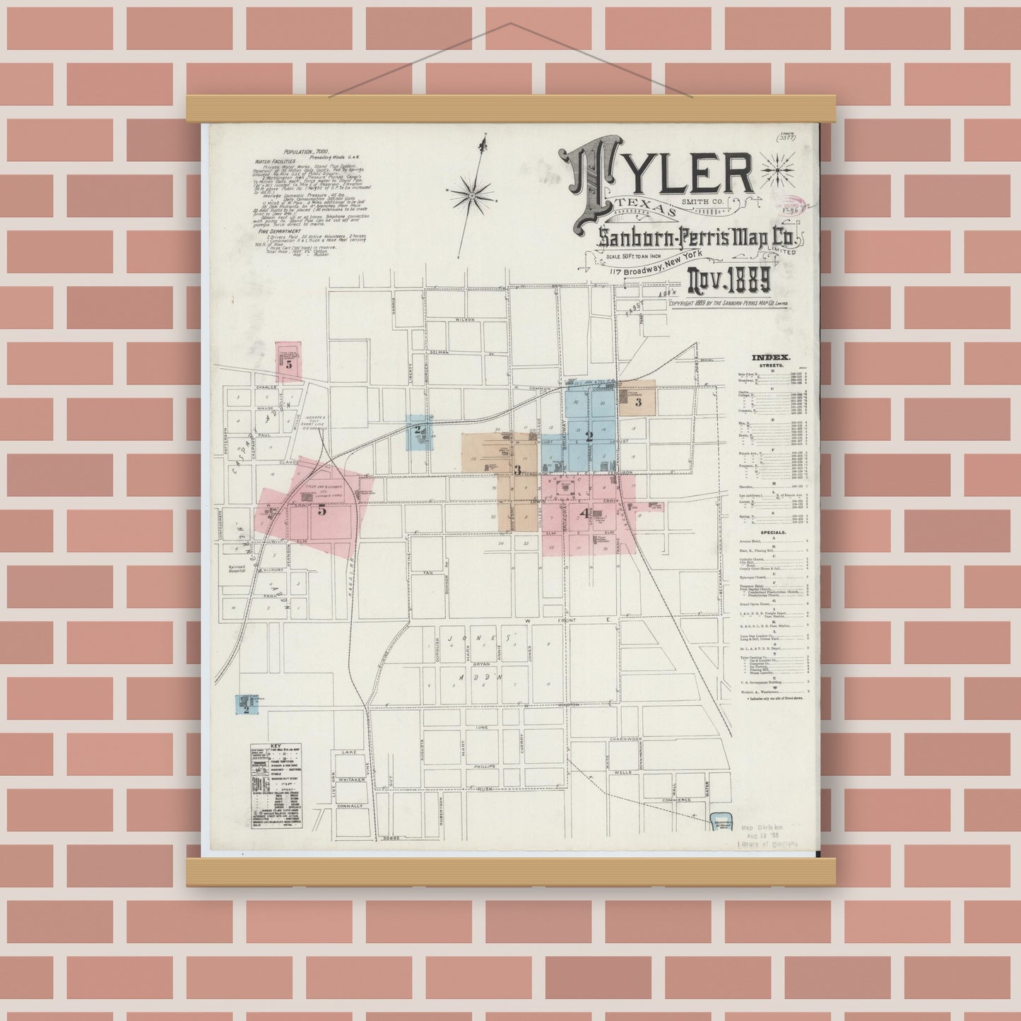 Old map wall art mockup — magnetic wood frame on brick wall — Sanborn Fire Insurance Map from Tyler, Smith County, Texas (1889) - Complete Map Set