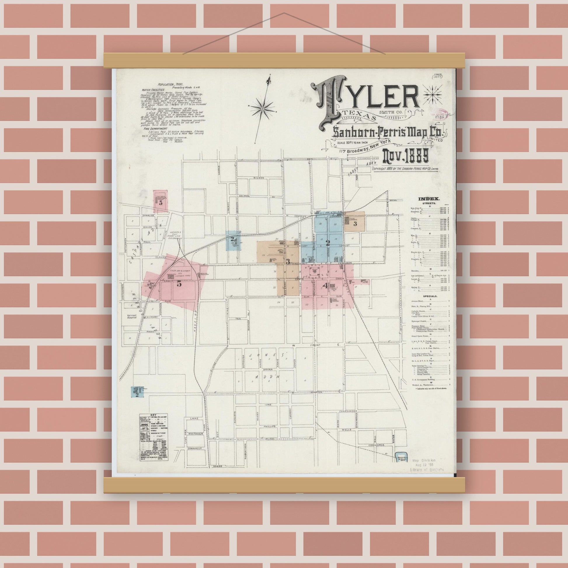 Old map wall art mockup — magnetic wood frame on brick wall — Sanborn Fire Insurance Map from Tyler, Smith County, Texas (1889) - Complete Map Set