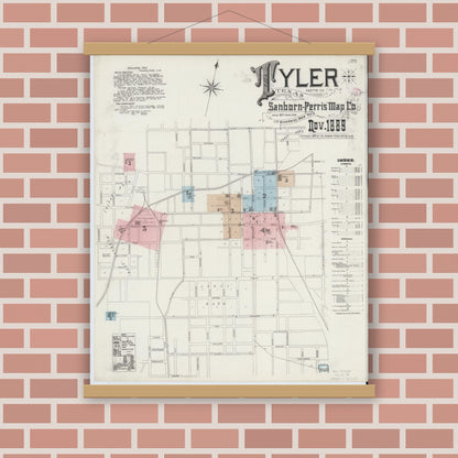 Old map wall art mockup — magnetic wood frame on brick wall — Sanborn Fire Insurance Map from Tyler, Smith County, Texas (1889) - Complete Map Set