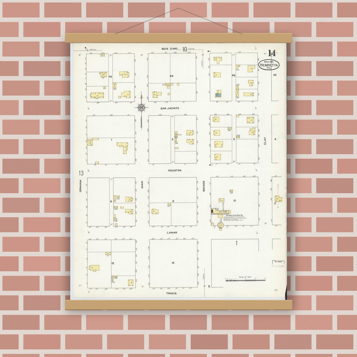 Old map wall art mockup — magnetic wood frame on brick wall — Sanborn Fire Insurance Map from Henrietta, Clay County, Texas (1912), Sheet #0014