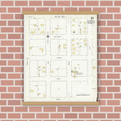 Old map wall art mockup — magnetic wood frame on brick wall — Sanborn Fire Insurance Map from Henrietta, Clay County, Texas (1912), Sheet #0014