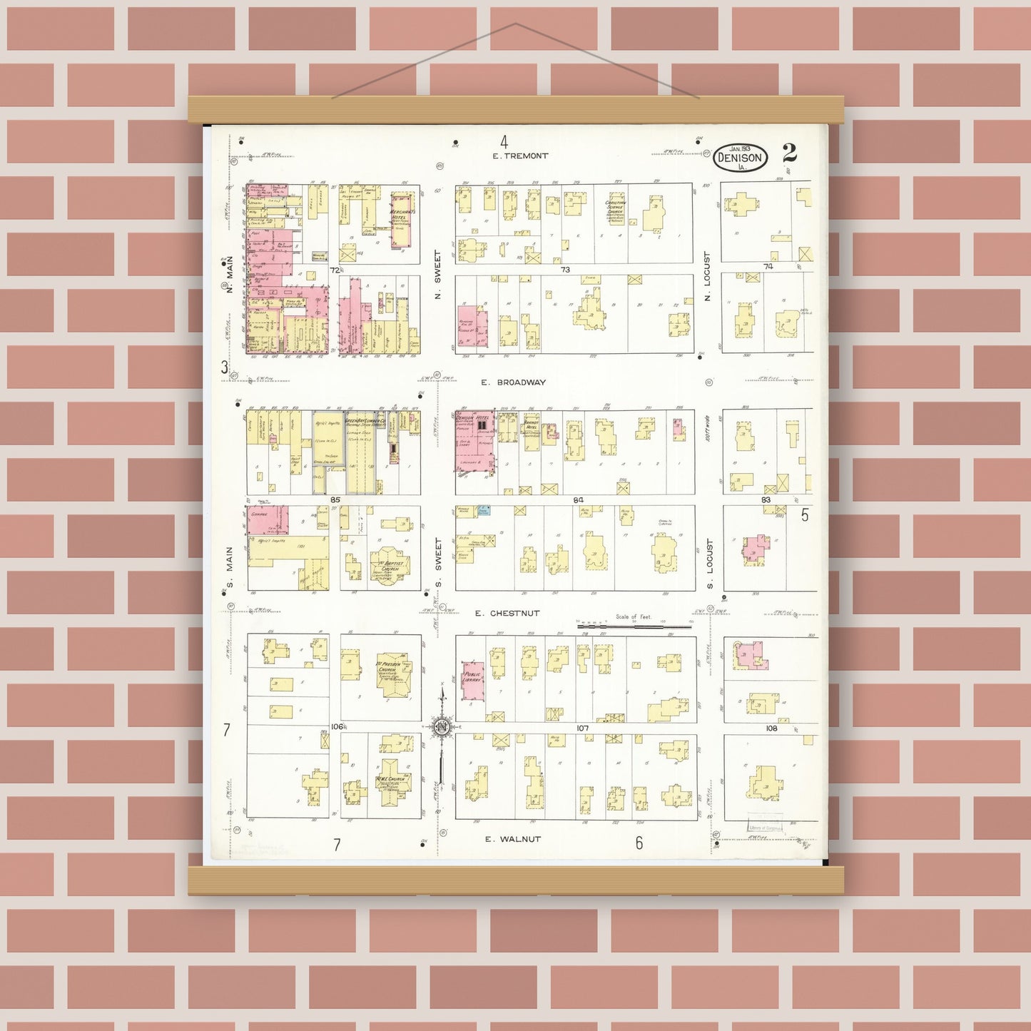Old map wall art mockup — magnetic wood frame on brick wall — Sanborn Fire Insurance Map from Denison, Crawford County, Iowa (1913), Sheet #0002