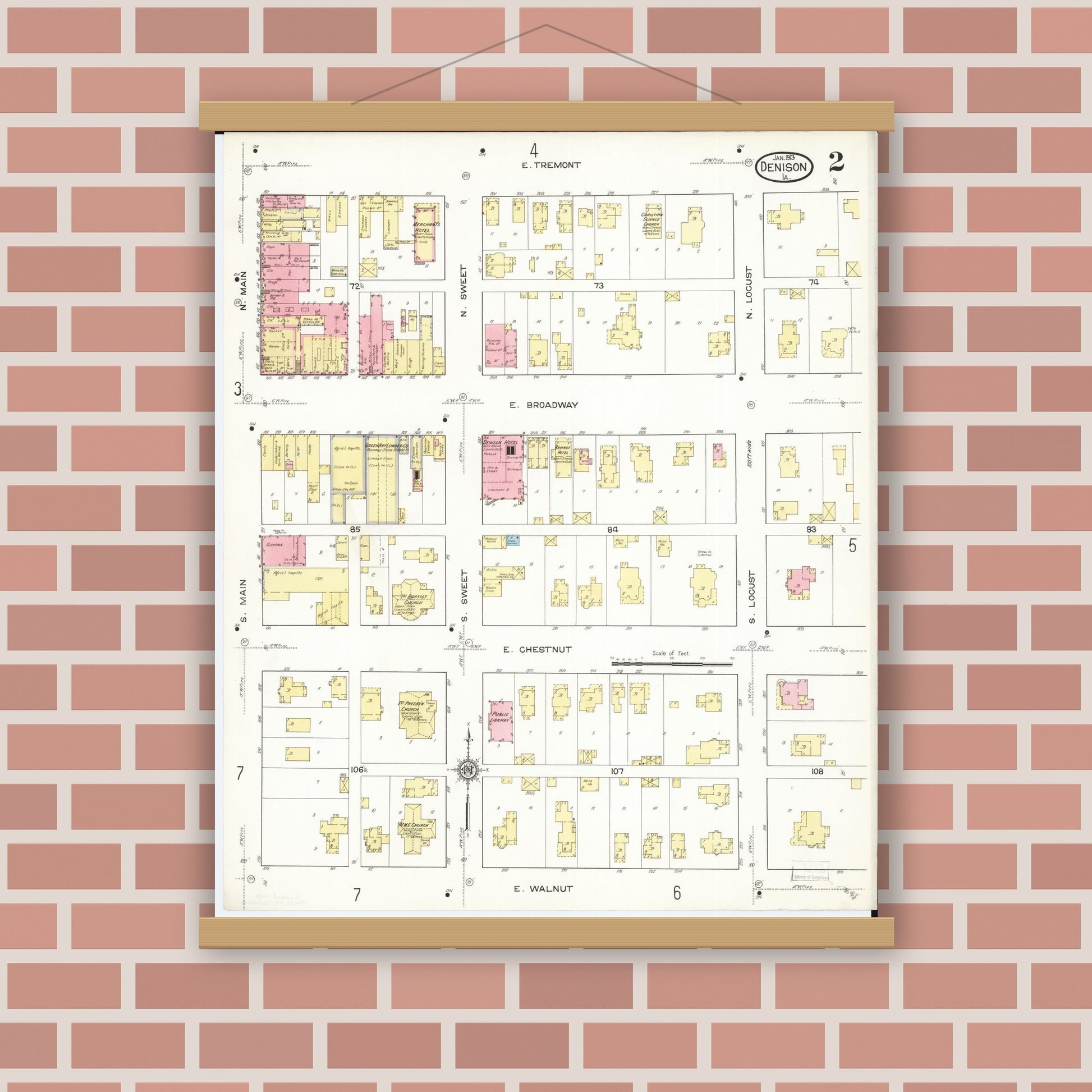 Old map wall art mockup — magnetic wood frame on brick wall — Sanborn Fire Insurance Map from Denison, Crawford County, Iowa (1913), Sheet #0002