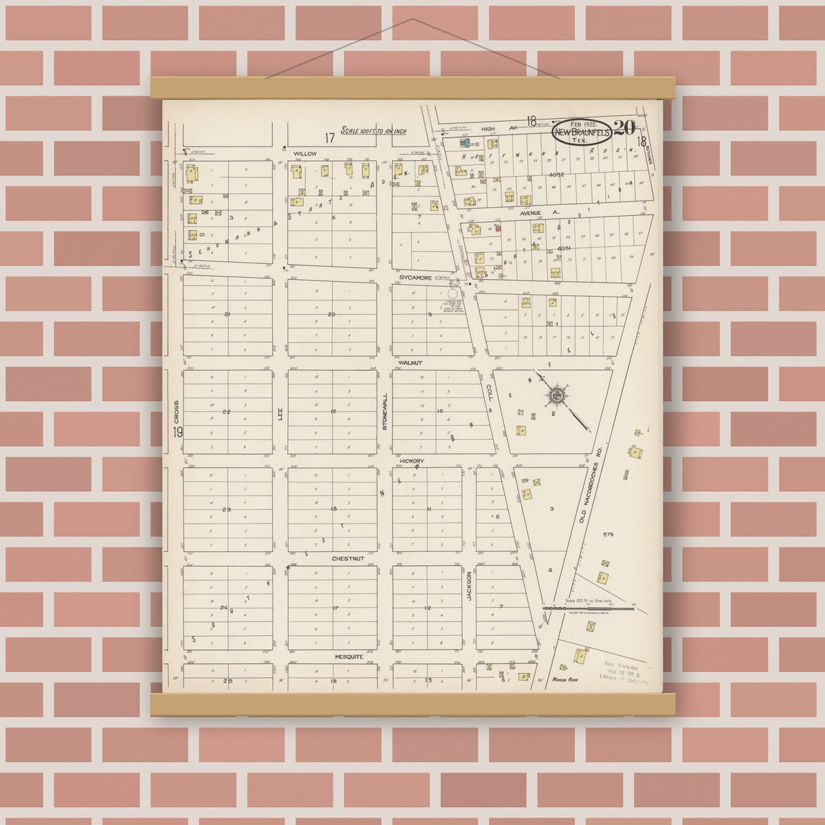 Old map wall art mockup — magnetic wood frame on brick wall — Sanborn Fire Insurance Map from New Braunfels, Comal County, Texas (1922), Sheet #0020