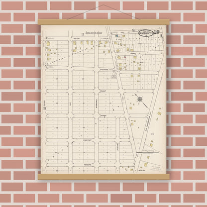 Old map wall art mockup — magnetic wood frame on brick wall — Sanborn Fire Insurance Map from New Braunfels, Comal County, Texas (1922), Sheet #0020