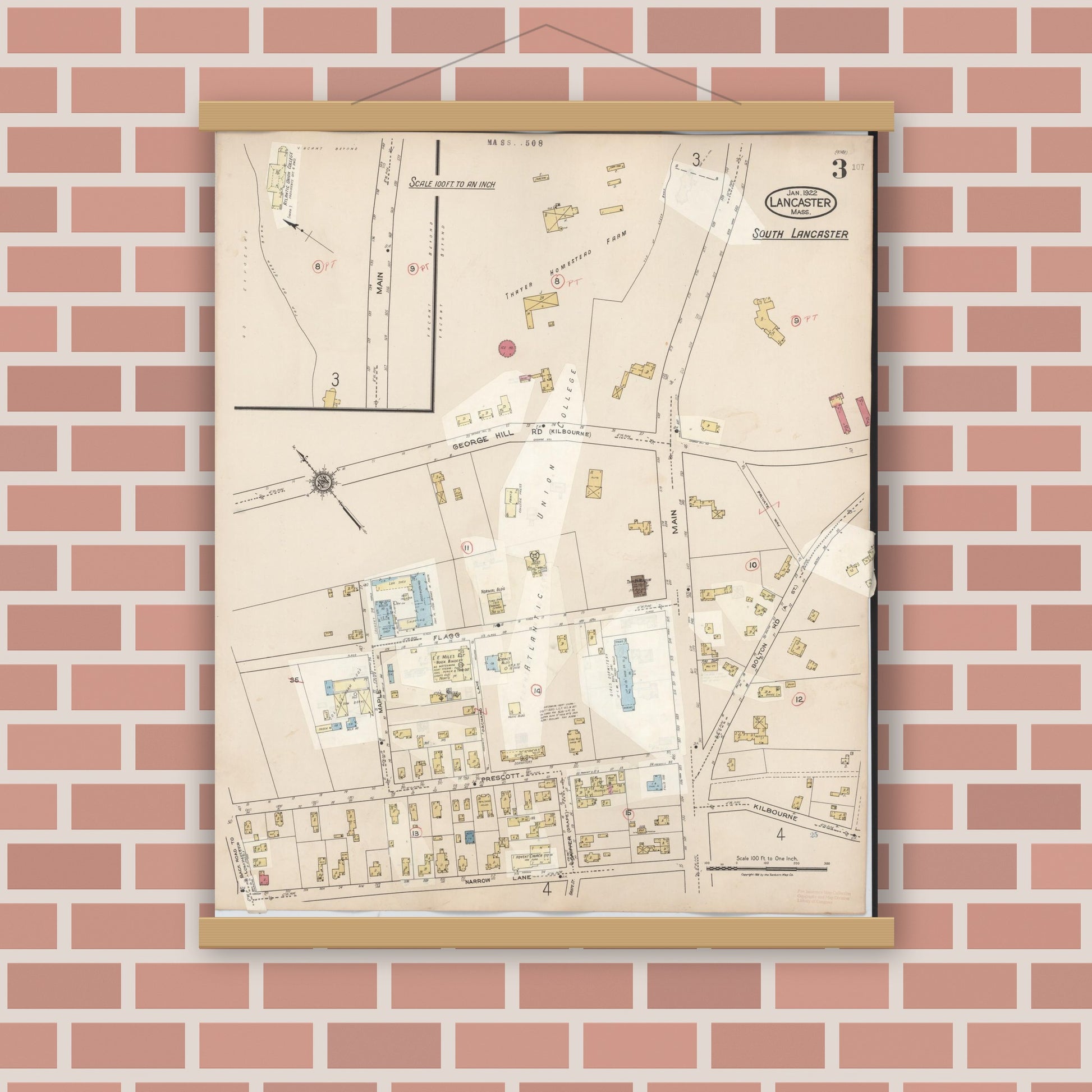 Old map wall art mockup — magnetic wood frame on brick wall — Sanborn Fire Insurance Map from Lancaster, Worcester County, Massachusetts (1945), Sheet #0003
