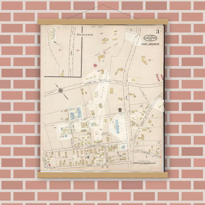 Old map wall art mockup — magnetic wood frame on brick wall — Sanborn Fire Insurance Map from Lancaster, Worcester County, Massachusetts (1945), Sheet #0003