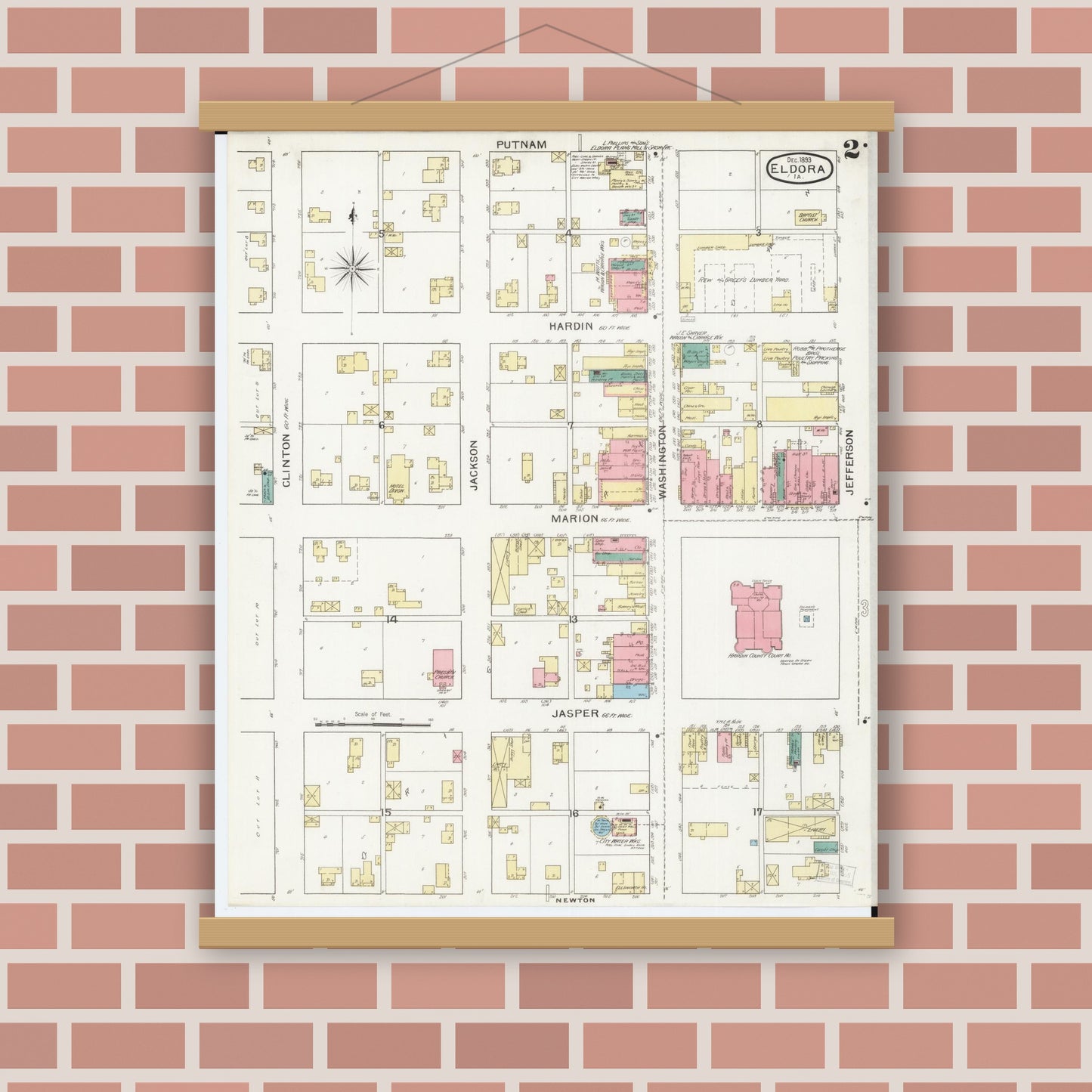 Old map wall art mockup — magnetic wood frame on brick wall — Sanborn Fire Insurance Map from Eldora, Hardin County, Iowa (1893), Sheet #0002