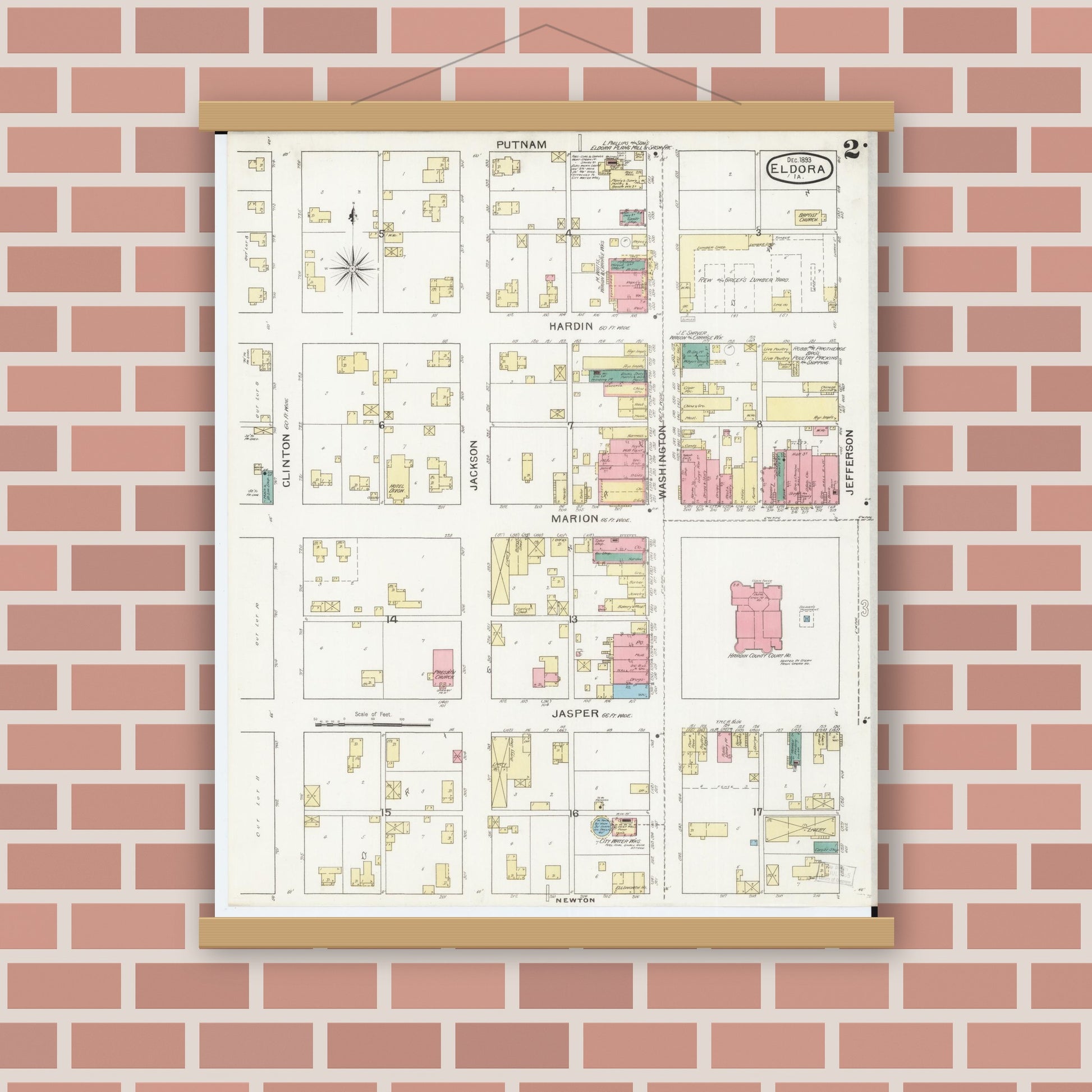 Old map wall art mockup — magnetic wood frame on brick wall — Sanborn Fire Insurance Map from Eldora, Hardin County, Iowa (1893), Sheet #0002