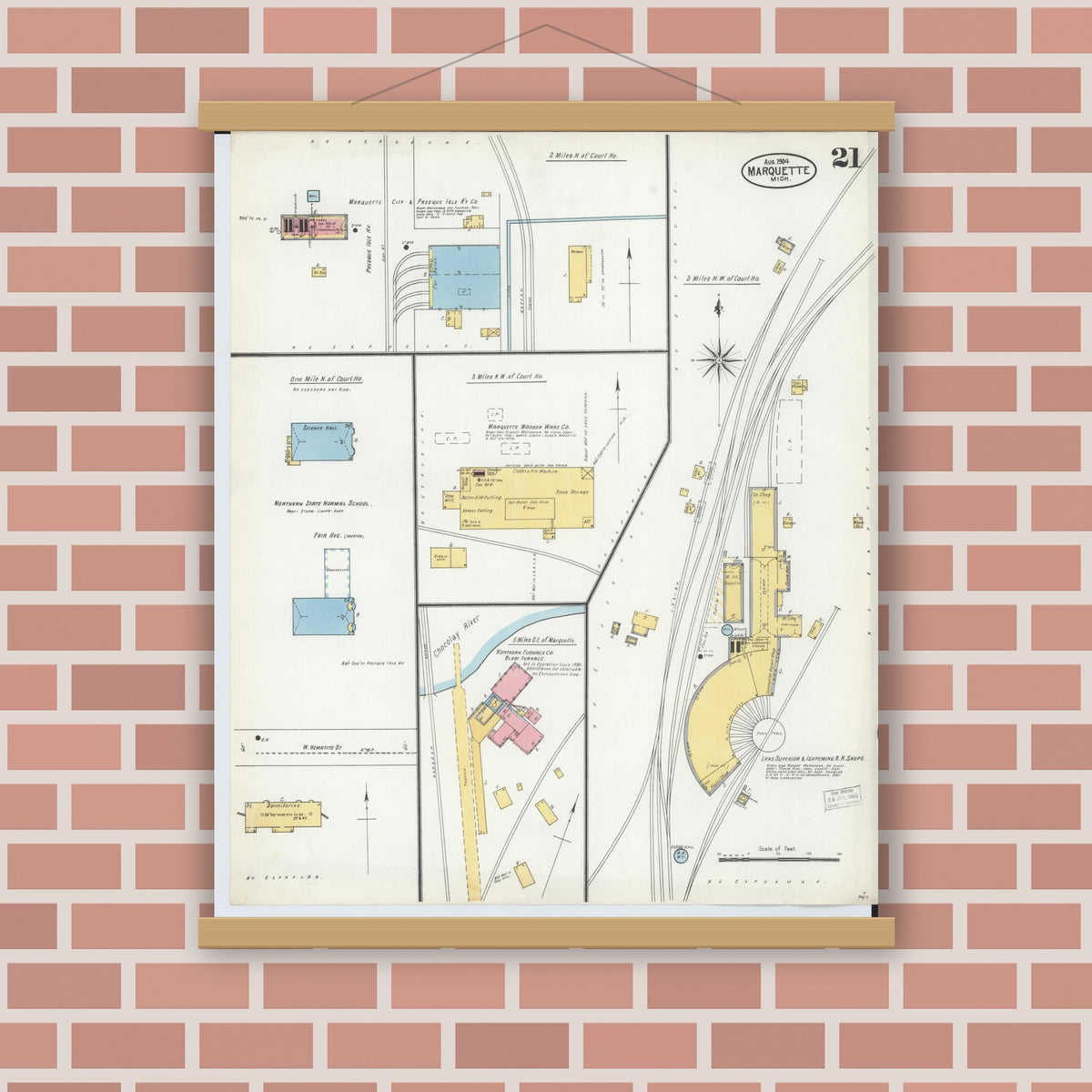Old map wall art mockup — magnetic wood frame on brick wall — Sanborn Fire Insurance Map from Marquette, Marquette County, Michigan (1904), Sheet #0021
