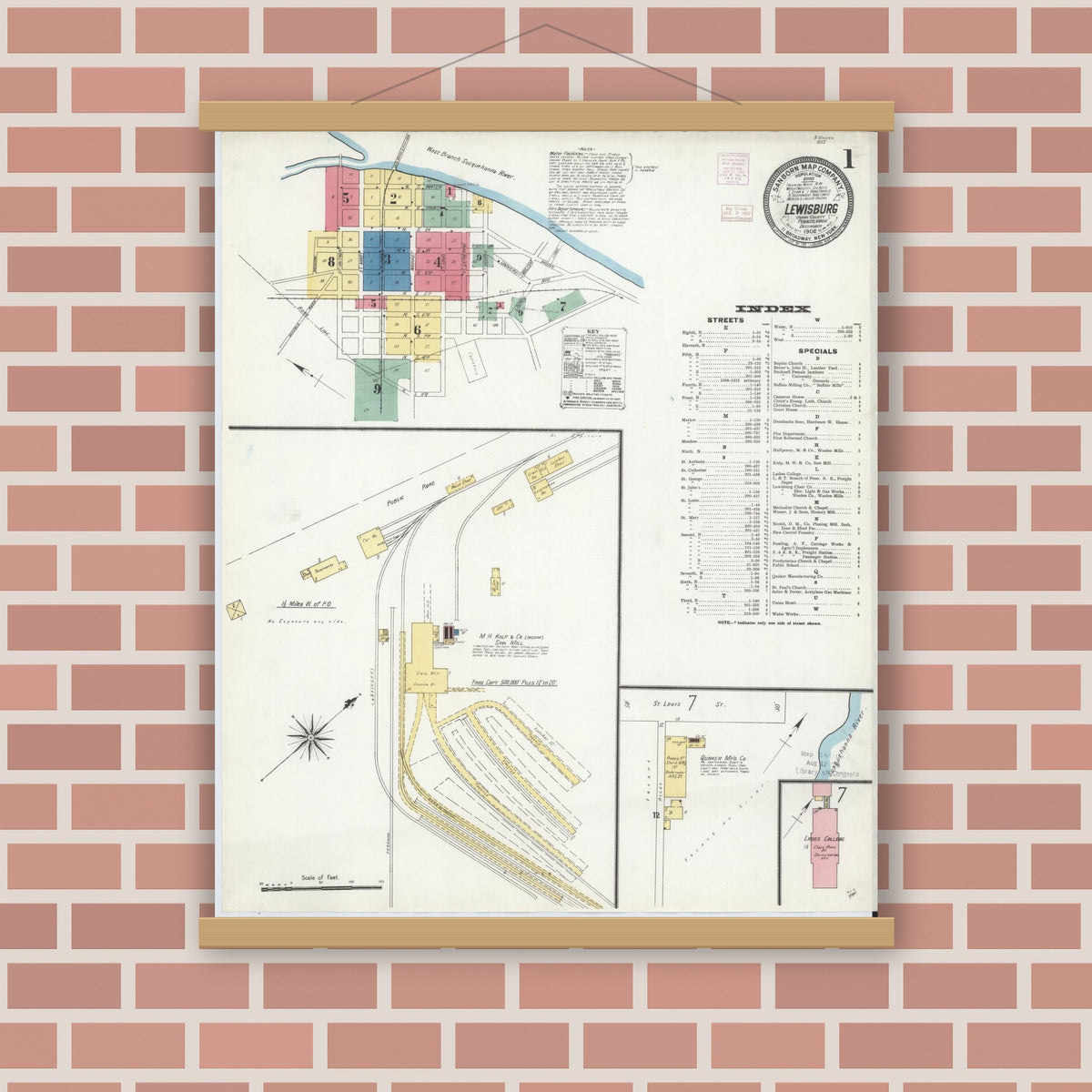 Old map wall art mockup — magnetic wood frame on brick wall — Sanborn Fire Insurance Map from Lewisburg, Union County, Pennsylvania (1906) - Complete Map Set