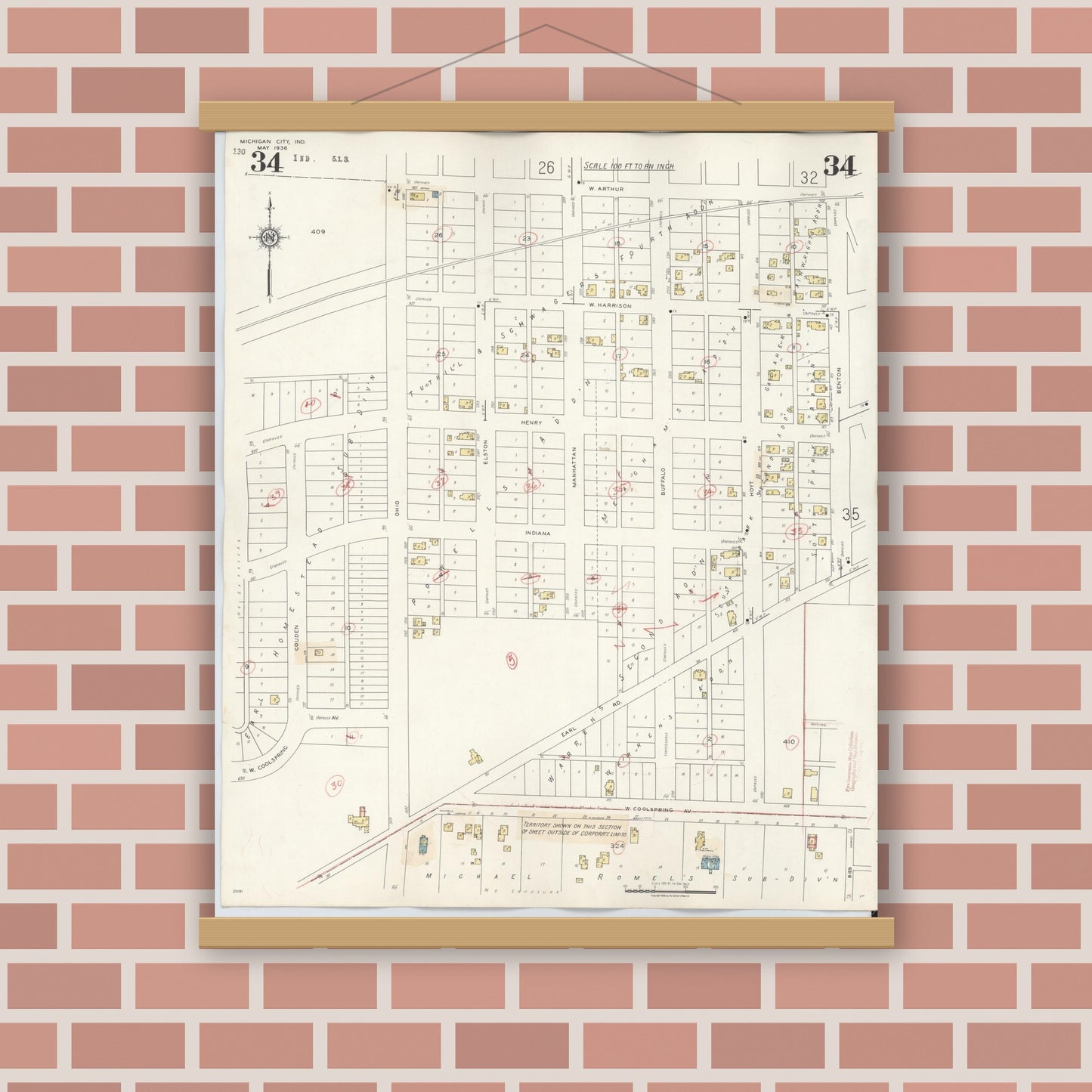 Old map wall art mockup — magnetic wood frame on brick wall — Sanborn Fire Insurance Map from Michigan City, La Porte County, Indiana (1948), Sheet #0034