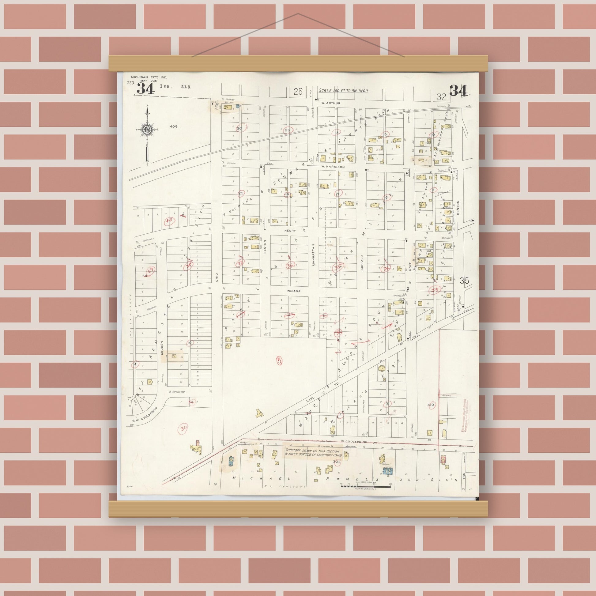 Old map wall art mockup — magnetic wood frame on brick wall — Sanborn Fire Insurance Map from Michigan City, La Porte County, Indiana (1948), Sheet #0034