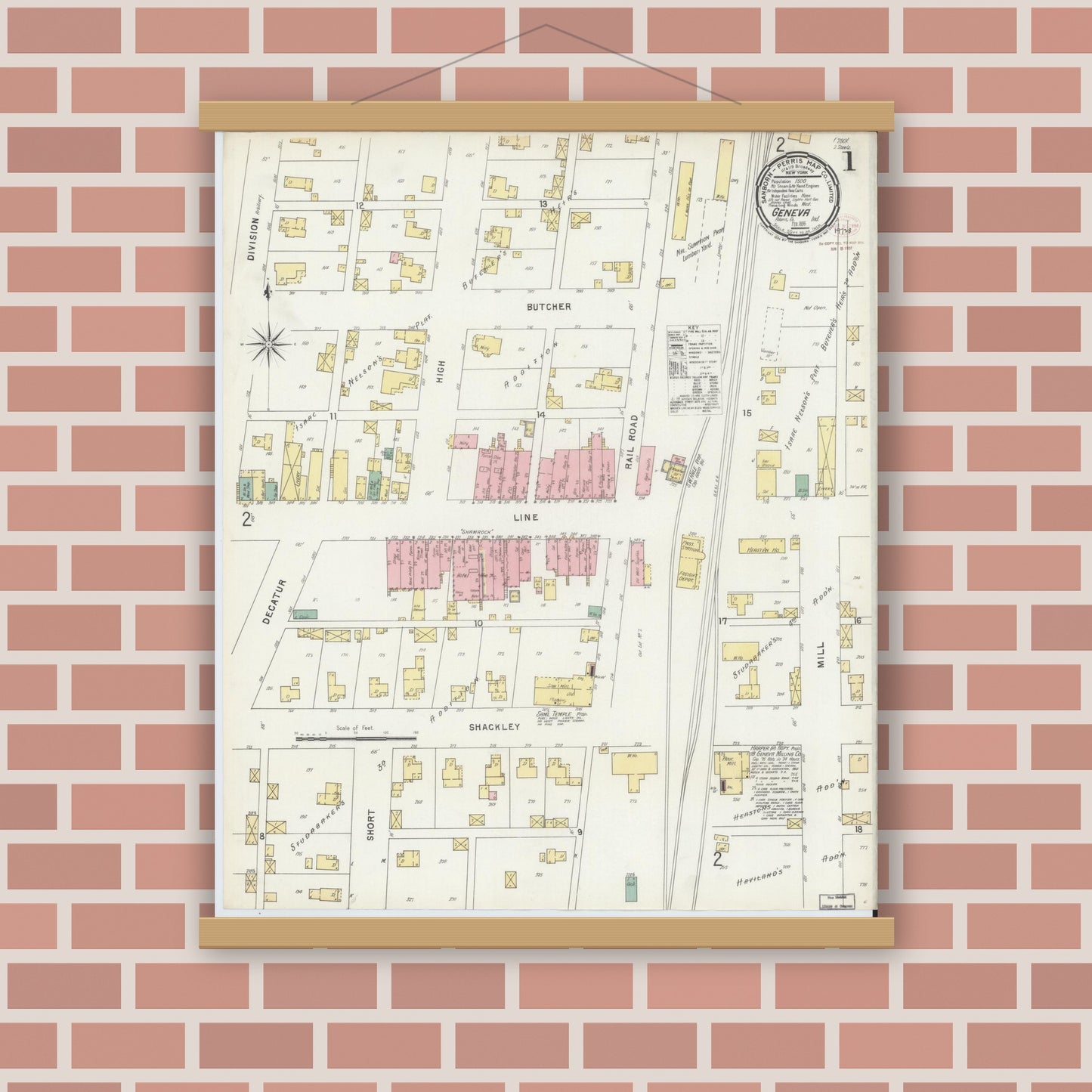 Old map wall art mockup — magnetic wood frame on brick wall — Sanborn Fire Insurance Map from Geneva, Adams County, Indiana (1896) - Complete Map Set