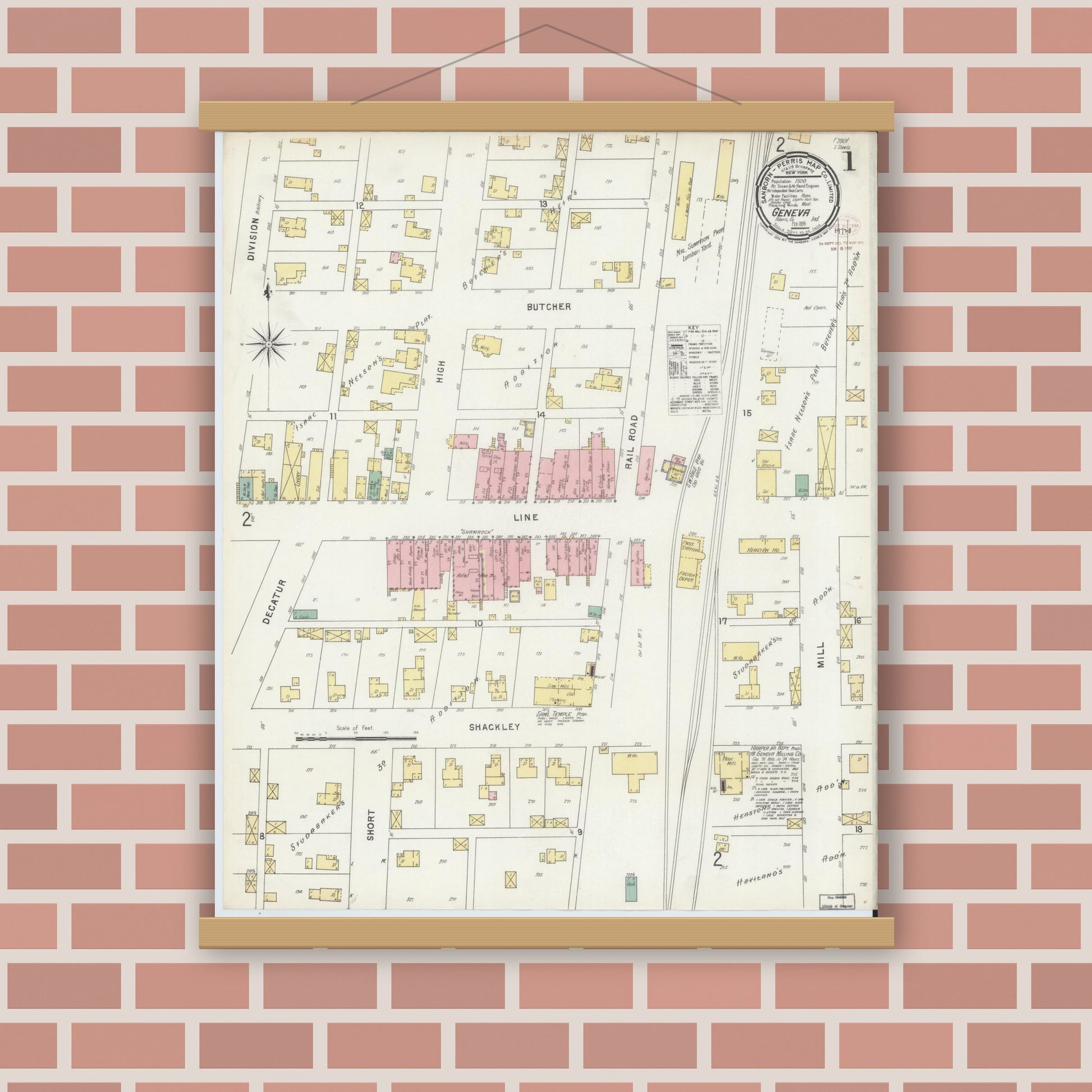 Old map wall art mockup — magnetic wood frame on brick wall — Sanborn Fire Insurance Map from Geneva, Adams County, Indiana (1896) - Complete Map Set