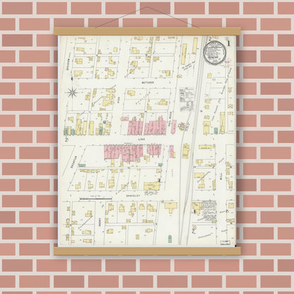 Old map wall art mockup — magnetic wood frame on brick wall — Sanborn Fire Insurance Map from Geneva, Adams County, Indiana (1896) - Complete Map Set