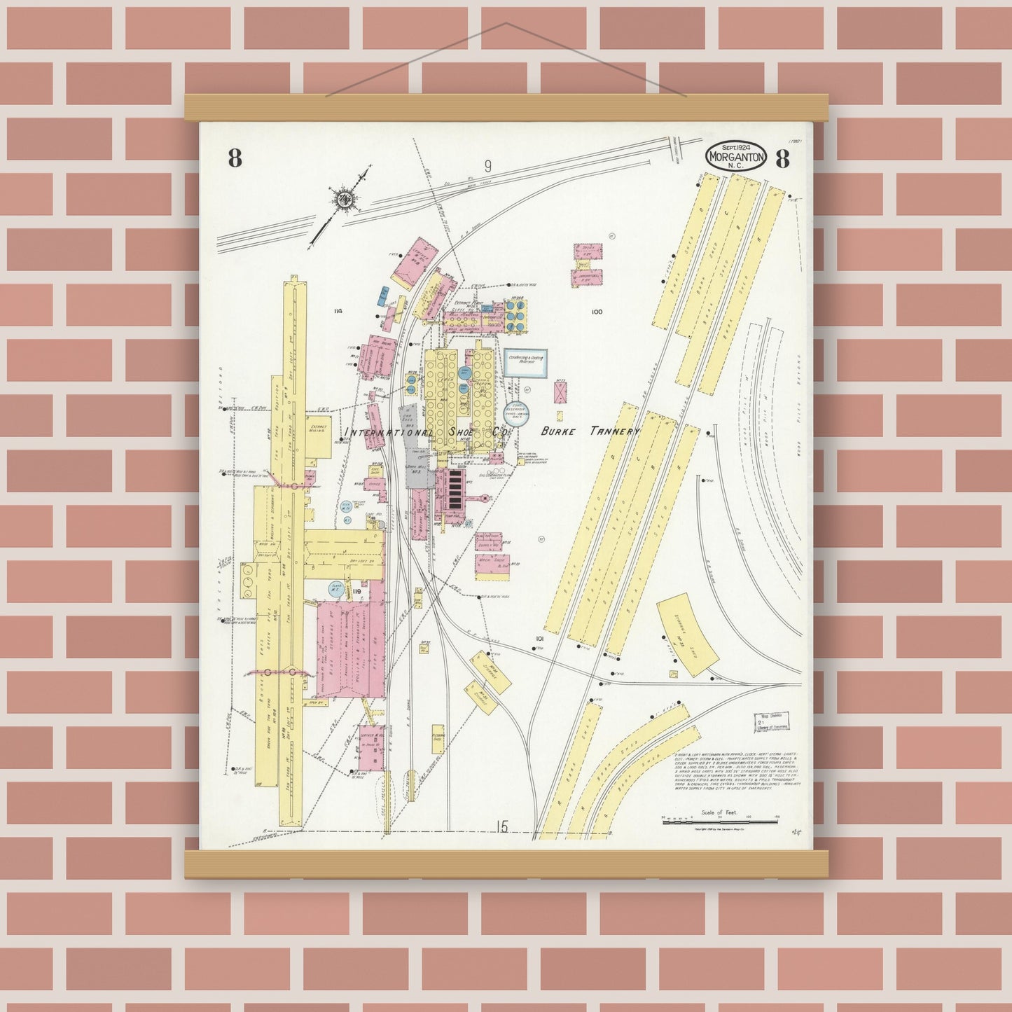Old map wall art mockup — magnetic wood frame on brick wall — Sanborn Fire Insurance Map from Morganton, Burke County, North Carolina (1924), Sheet #0008