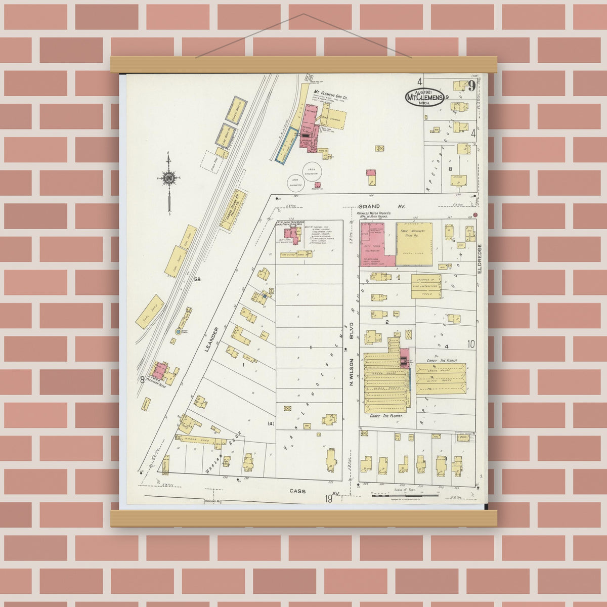 Old map wall art mockup — magnetic wood frame on brick wall — Sanborn Fire Insurance Map from Mount Clemens, Macomb County, Michigan (1921), Sheet #0009