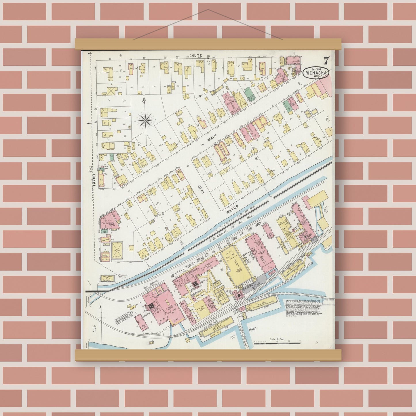 Old map wall art mockup — magnetic wood frame on brick wall — Sanborn Fire Insurance Map from Menasha, Winnebago County, Wisconsin (1895), Sheet #0007