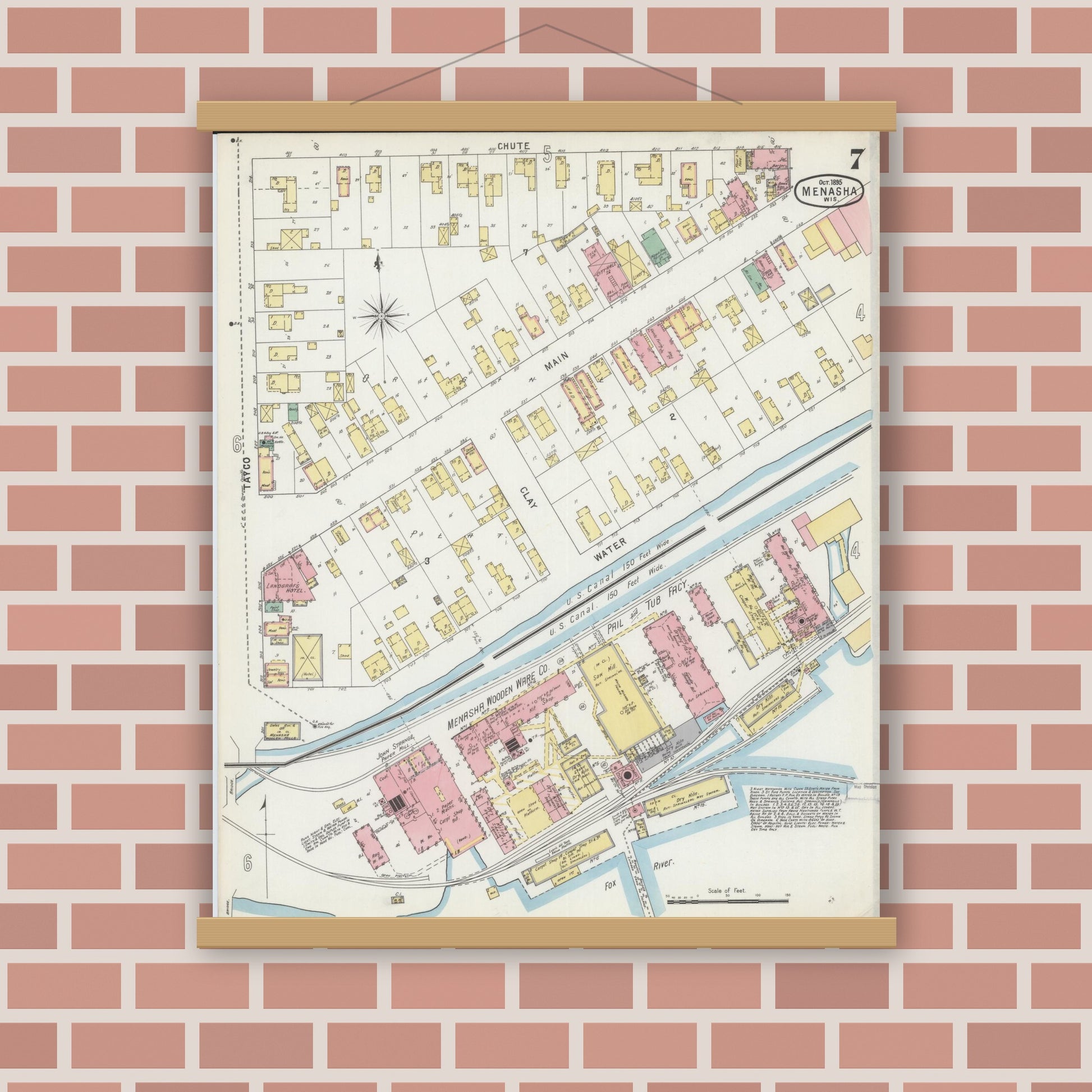 Old map wall art mockup — magnetic wood frame on brick wall — Sanborn Fire Insurance Map from Menasha, Winnebago County, Wisconsin (1895), Sheet #0007