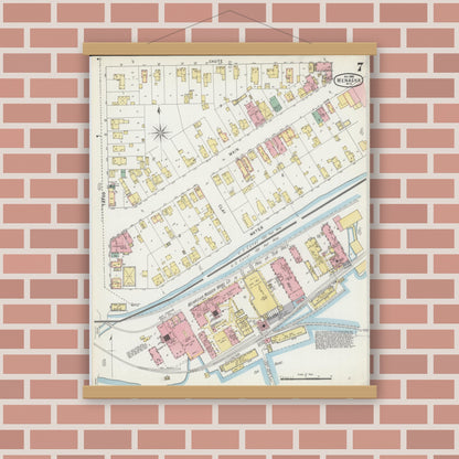 Old map wall art mockup — magnetic wood frame on brick wall — Sanborn Fire Insurance Map from Menasha, Winnebago County, Wisconsin (1895), Sheet #0007