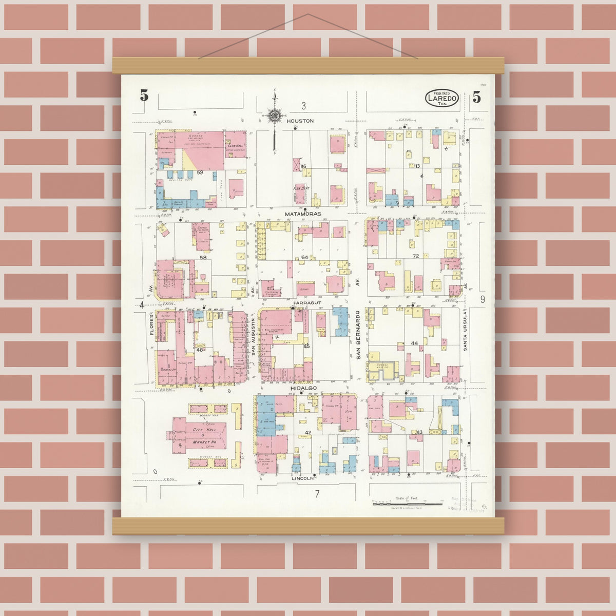 Old map wall art mockup — magnetic wood frame on brick wall — Sanborn Fire Insurance Map from Laredo, Webb County, Texas (1925), Sheet #0005