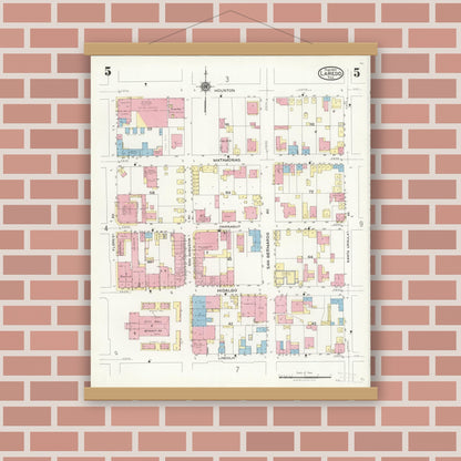 Old map wall art mockup — magnetic wood frame on brick wall — Sanborn Fire Insurance Map from Laredo, Webb County, Texas (1925), Sheet #0005