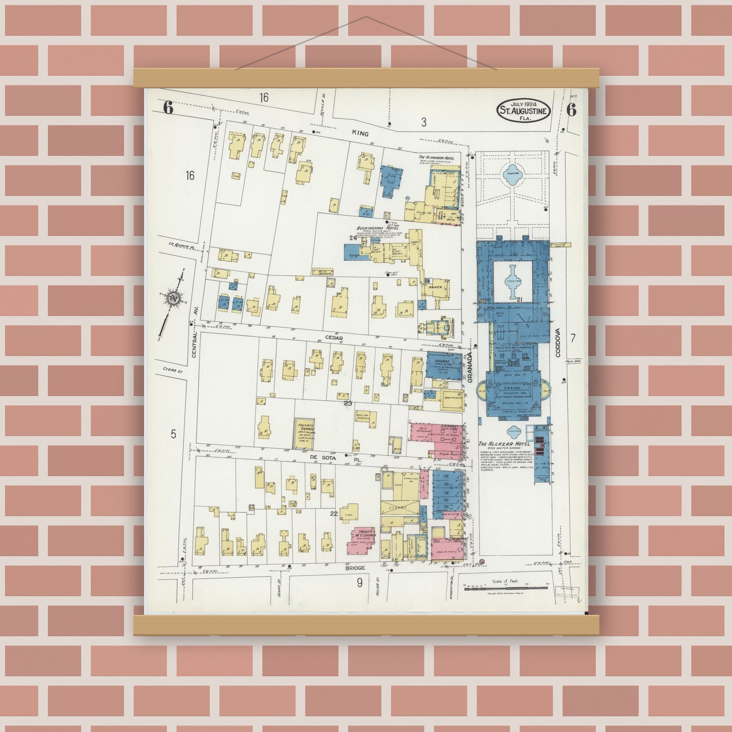 Old map wall art mockup — magnetic wood frame on brick wall — Sanborn Fire Insurance Map from Saint Augustine, Saint John's County, Florida (1924), Sheet #0006