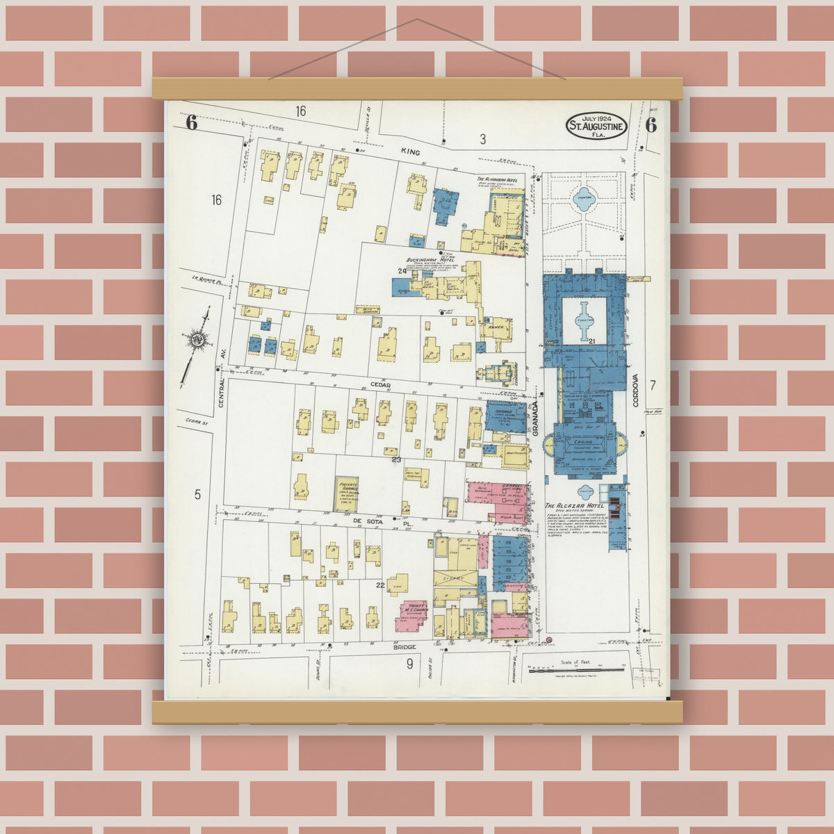 Old map wall art mockup — magnetic wood frame on brick wall — Sanborn Fire Insurance Map from Saint Augustine, Saint John's County, Florida (1924), Sheet #0006