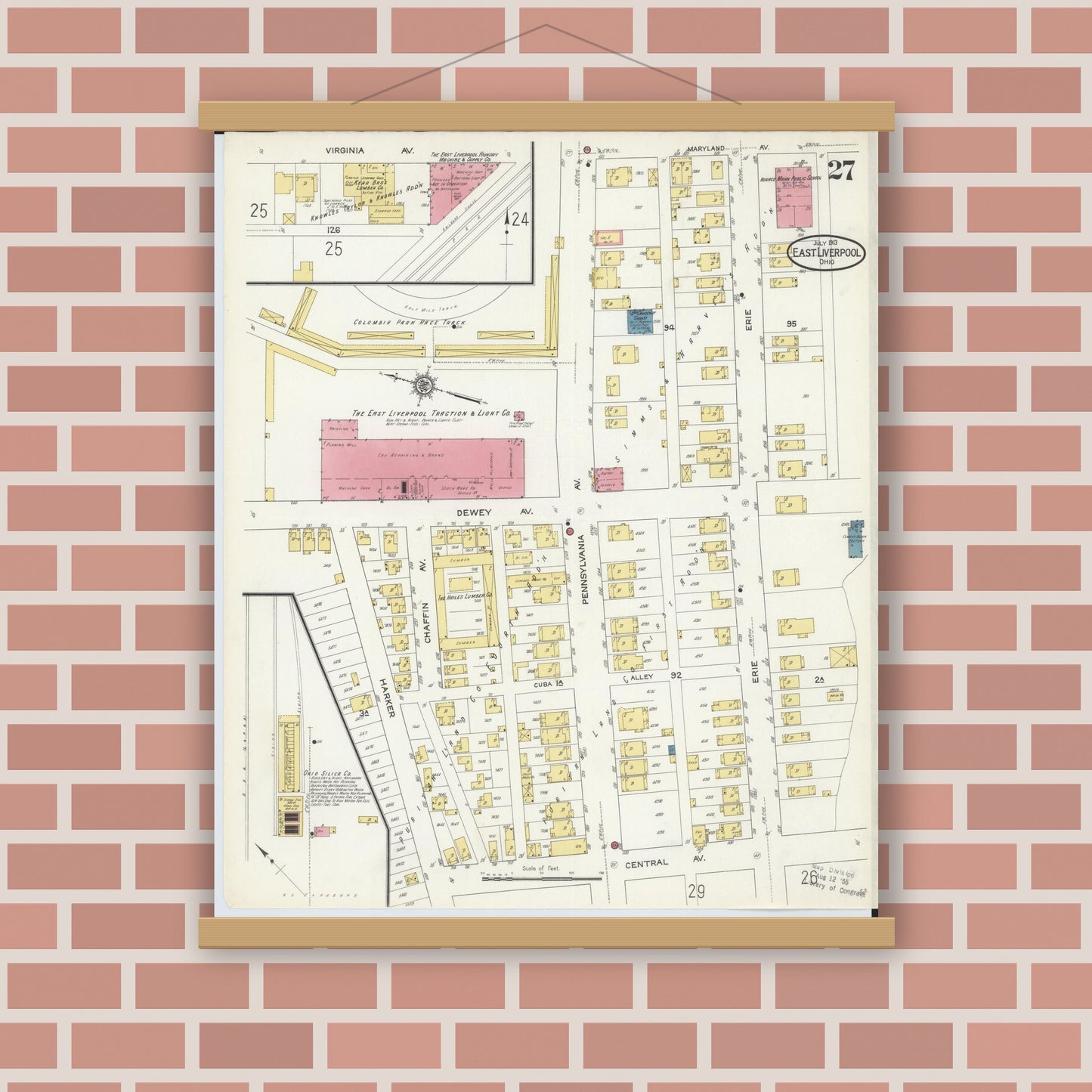 Old map wall art mockup — magnetic wood frame on brick wall — Sanborn Fire Insurance Map from East Liverpool, Columbiana County, Ohio (1913), Sheet #0027