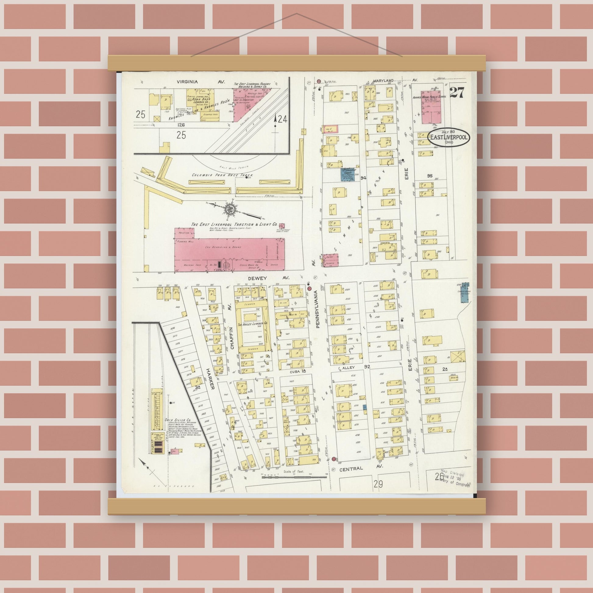 Old map wall art mockup — magnetic wood frame on brick wall — Sanborn Fire Insurance Map from East Liverpool, Columbiana County, Ohio (1913), Sheet #0027