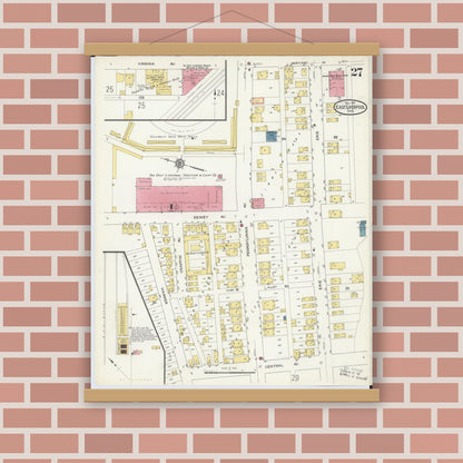 Old map wall art mockup — magnetic wood frame on brick wall — Sanborn Fire Insurance Map from East Liverpool, Columbiana County, Ohio (1913), Sheet #0027