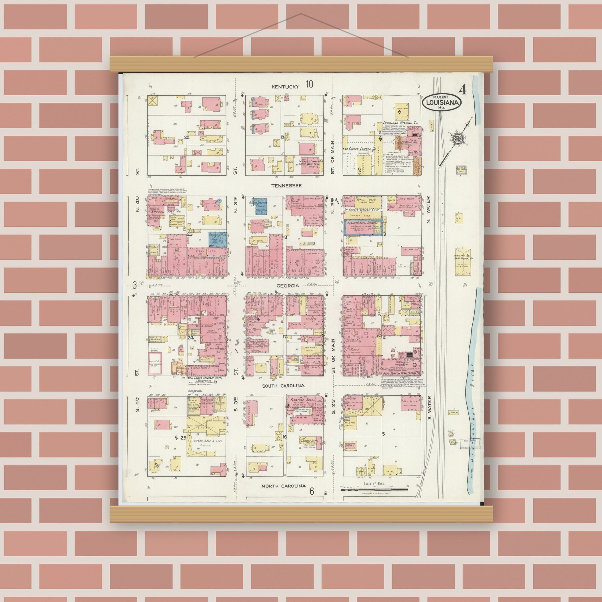 Old map wall art mockup — magnetic wood frame on brick wall — Sanborn Fire Insurance Map from Louisiana, Pike County, Missouri (1917), Sheet #0004